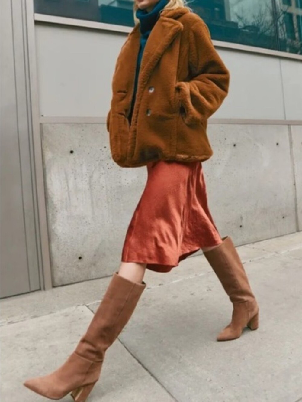 Vince Rust Orange Bias Crinkled Satin Midi Skirt